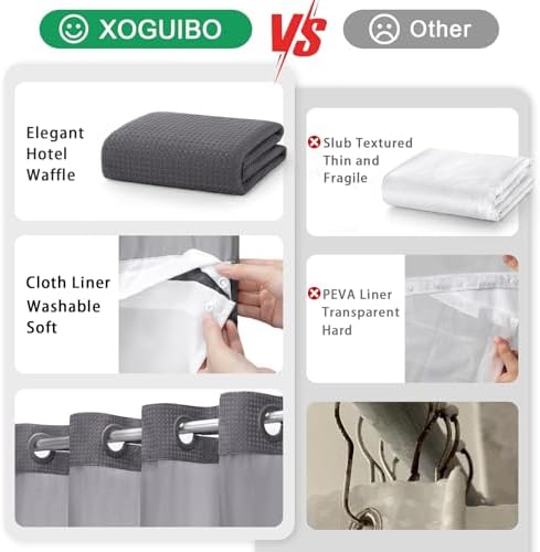 No Hook Shower Curtain with Liner Set Hotel Waffle Dark Grey 72W X 81L