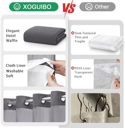 No Hook Shower Curtain with Liner Set Hotel Waffle Dark Grey 72W X 81L