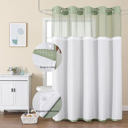 Colorful Star Sage Green No Hook Waffle Shower Curtain Set, 72 x 81 Inch