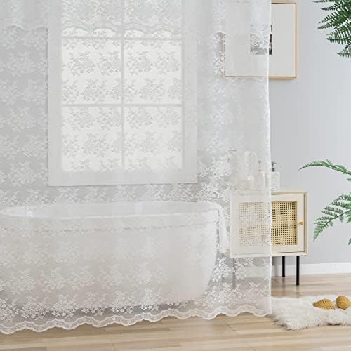 TUDECO White Lace Shower Curtain with Attached Valance, 72W x 84L Inch