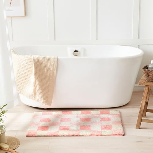 CozeCube Blossom Pink Checkered Bath Mat 36"x24" Non Slip Washable Rug