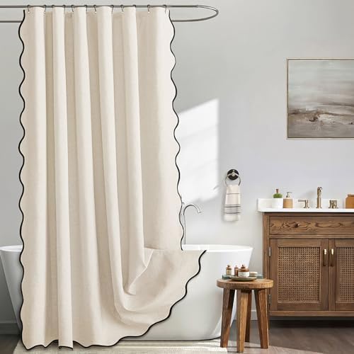 MIULEE 72"x84" Extra Long Scalloped Linen Shower Curtain Light Cream