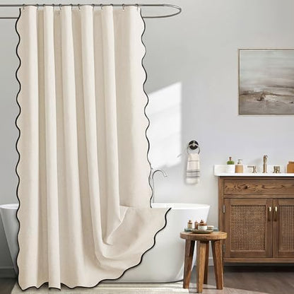 MIULEE 72"x84" Extra Long Scalloped Linen Shower Curtain Light Cream