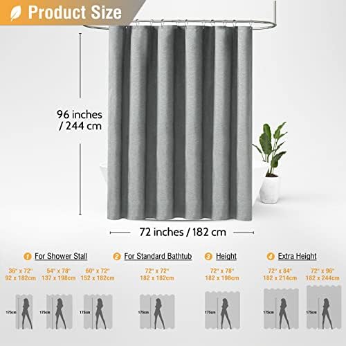 BTTN Extra Long Linen Textured Waterproof Shower Curtain, 72x96, Grey/Gray