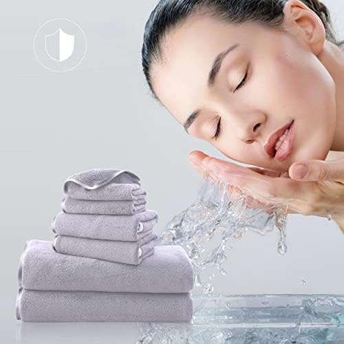 TENSTARS Luxury Silk Hemming Towel Set - Light Thin Quick Drying - 2 Bath Towels 2 Hand Towels 2 Washcloths - Ultra Soft Microfiber Towel for Bath Fitness, Sports, Yoga, Travel (Light Grey 6 Pieces)