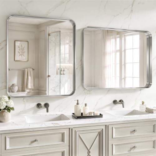 30x36 Inch Silver Metal Framed Bathroom Mirror for Wall, HD Tempered Glass