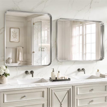 30x36 Inch Silver Metal Framed Bathroom Mirror for Wall, HD Tempered Glass