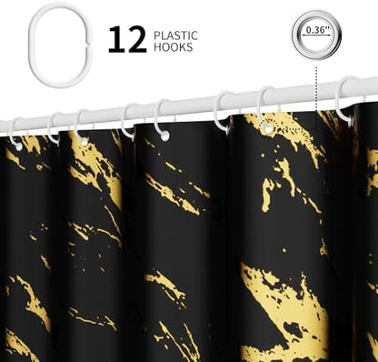 Black and Gold Shower Curtain, Black Marble Shower Curtain, Modern Fabric Shower Curtains for Bathroom, Black and Gold Texture Shower Curtain Set with Hooks 72x72