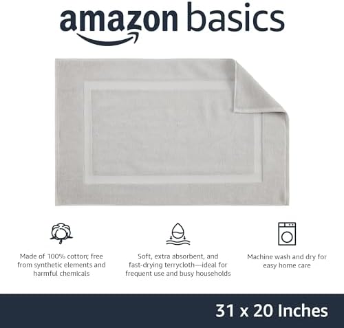 Amazon Basics Banded Bathroom Bath Rug Mat, 100% Cotton, 31 x 20 inches, Soft Silver