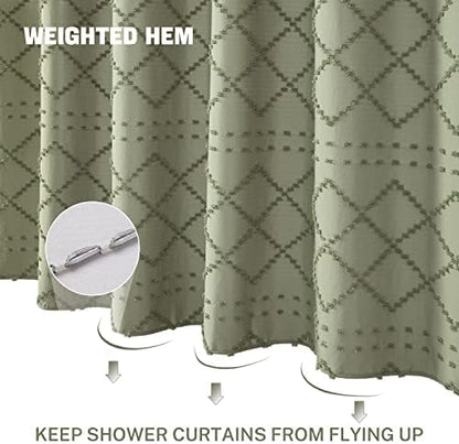Small Stall Boho Shower Curtain - Sage Green Tassle Woven Fabric - 36 x 72 Half Size - Tufted Chevron Striped Textured Modern Farmhouse Minimalist Cloth Shower Curtain for Bathroom