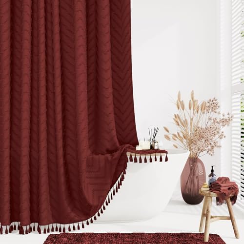 Dynamene Long Boho Farmhouse Shower Curtain Tufted Chevron 72x78 Burgundy