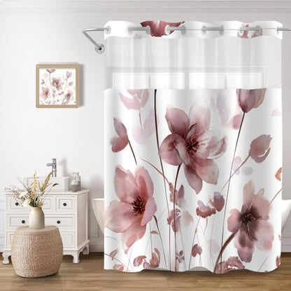No Hook Shower Curtain and Liner Set, Red Boho Floral 71x74