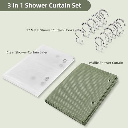 3 in 1 Shower Curtain Set, Waffle Shower Curtain and Liner Set with 12 Double Sided Shower Curtain Hooks, 72 x 84 Fabric Shower Curtains for Bathroom, Green