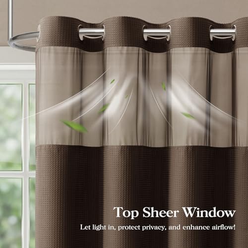 Dynamene Brown Hook Free Waffle Shower Curtain & Snap-in Fabric Liner,72x81