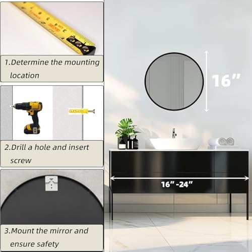 Round Black Mirror 16 Inch, Matte Black Frame, Small Circle Mirror