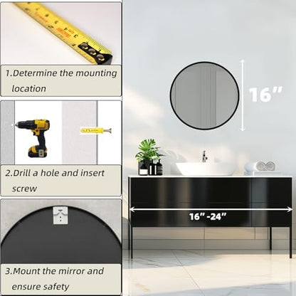 Round Black Mirror 16 Inch, Matte Black Frame, Small Circle Mirror