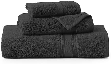 LANE LINEN Luxury Towels Set - 3 Piece Set, 100% Cotton Bathroom Towels, Zero Twist, Quick Dry Shower Towels, Absorbent Bath Towel, Super Soft, 1 Bath Towel, 1 Hand Towel, 1 Wash Cloths - Black