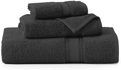 LANE LINEN Luxury Towels Set - 3 Piece Set, 100% Cotton Bathroom Towels, Zero Twist, Quick Dry Shower Towels, Absorbent Bath Towel, Super Soft, 1 Bath Towel, 1 Hand Towel, 1 Wash Cloths - Black