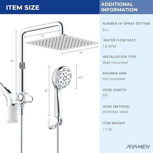Ryamen Upgraded Filtered Shower Head with Handheld, 10 inch Rain Showerhead