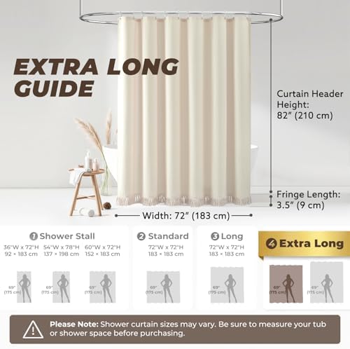 Linen Shower Curtain Boho Beige Shower Curtain with Tassels 72"W x 84"L