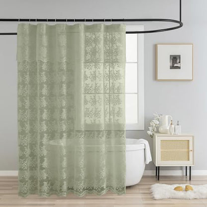 TUDECO Sage Green Shower Curtain with Attached Valance, 72 x 72, 1 Panel