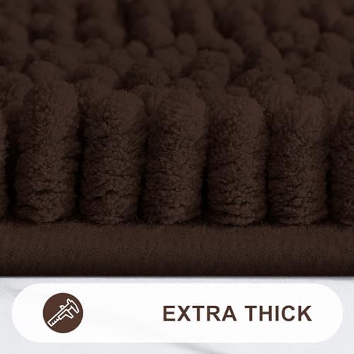 Grandaily Chenille Striped Bathroom Rugs 47x32, Extra Thick and Absorbent Bath Mats, Non-Slip Soft Plush Shaggy Shower Carpet, Machine Wash Dry, Bath Rug for Bathroom, Brown