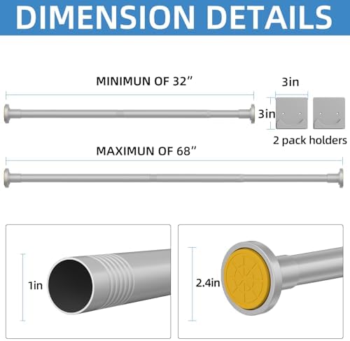 CorkLatta Matte Silver Shower Curtain Rod,1 Inch Diameter Stainless Steel Adjustable Spring Tension Rods 32 to 80",with Holders,Anti-Slip,Curtain Rods No Drilling(1 Pack)