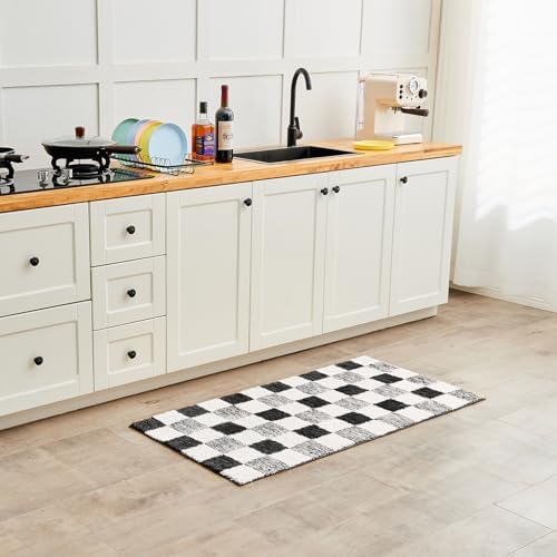 CozeCube Jet Black Checkered Bath Runner 59"x24" Non Slip Washable Rug