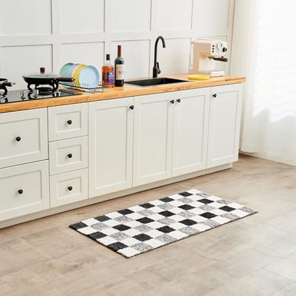 CozeCube Jet Black Checkered Bath Runner 59"x24" Non Slip Washable Rug