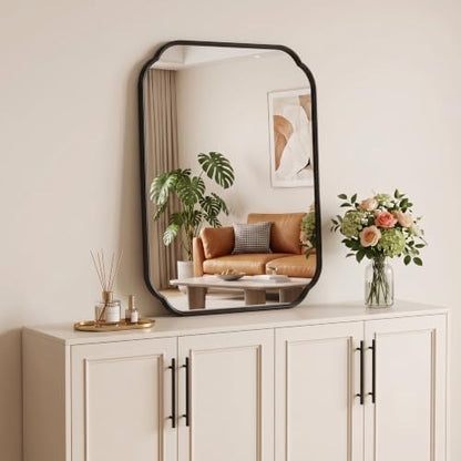 24"x18" Black Scalloped Mirror for Bathroom, Rust-Proof Metal Frame