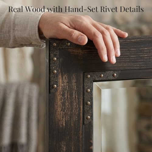 Rustic Black 30x40 Inch Wood Bathroom Vanity Mirror, Rivets