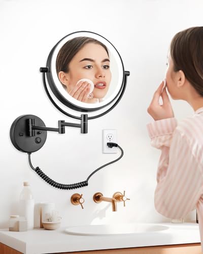 ALHAKIN 9" Wall Mounted Lighted Makeup Mirror, Large Double Sided 1X/10X Magnifying Mirror with 3 Color Lights Dimmable, 360° Rotation, Black