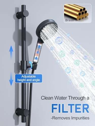 Woindo Shower Faucet Set with Slide Bar, 12" Rain Shower Head/8'' Side Shower Head and 10 Setting Handheld Ceiling Mount 3 Push Button Diverter Complete Rainfall Shower System Included Valve Trim Kit