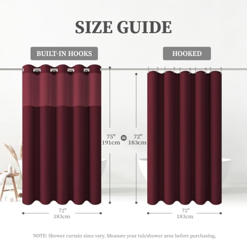 BTTN Burgundy Ringless Linen Look Shower Curtain with Snap in Liner, 72x75