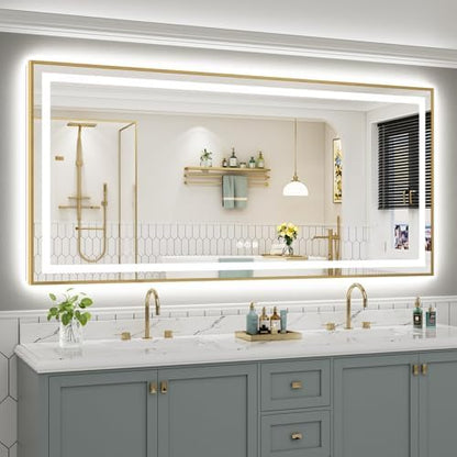 84x40 Inch LED Bathroom Mirror with Gold Frame, Backlit & Front Lit