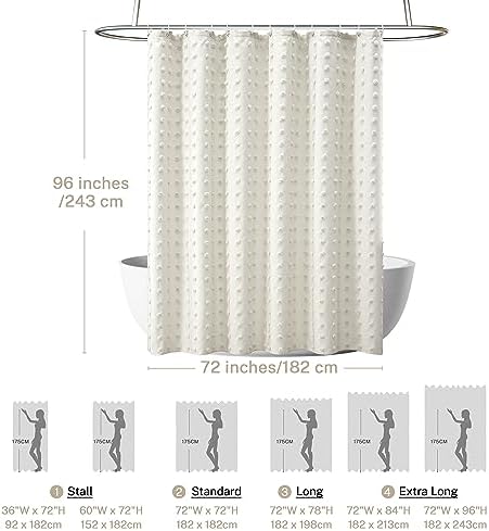 Extra Long Boho Cream Shower Curtain Woven Fabric Ivory Shower Curtain, 72 x 96 Tufted Pleat Floral Puffs Textured Modern Farmhouse Minimalist Ivory Shower Curtain Set with Hooks for Bathroom