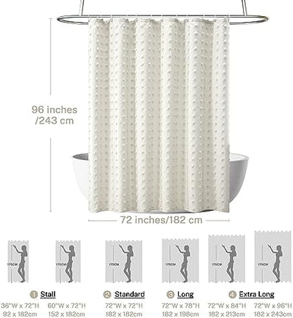 Extra Long Boho Cream Shower Curtain Woven Fabric Ivory Shower Curtain, 72 x 96 Tufted Pleat Floral Puffs Textured Modern Farmhouse Minimalist Ivory Shower Curtain Set with Hooks for Bathroom