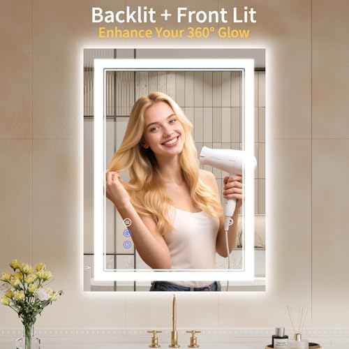 24"x32" LED Bathroom Mirror with Lights, Anti-Fog, Backlit + Front Lit, Dimmable, Led Vanity Mirror for Wall, Lighted Bathroom Mirror, 3 Colors, Shatter-Proof Tempered Glass