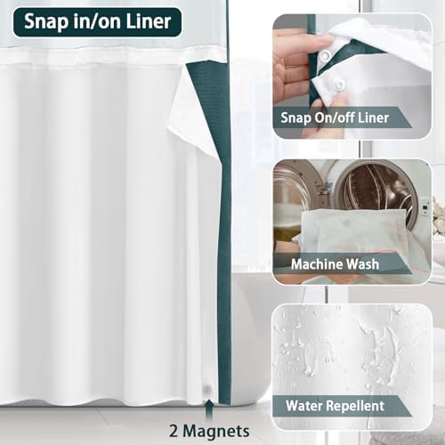 No Hook Shower Curtain with Liner Set Hotel Waffle Seaweed Green 72W X 75L