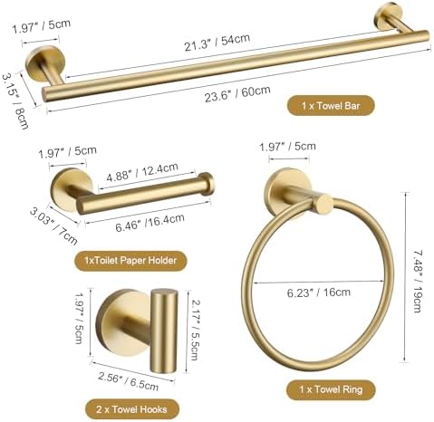 TURS Brushed Gold 5 Piece Bathroom Hardware Set, SUS304 Stainless Steel 24 Inch Bath Towel Bar Set, Round Bathroom Accessories Kit Wall Mounted