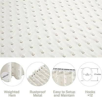 Extra Long Boho Farmhouse Cream Shower Curtain Woven Fabric 84 Inch Ivory Shower Curtain, 72 x 84 Tufted Pleat Floral Puffs Textured Modern Minimalist Ivory Shower Curtain Set with Hooks for Bathroom