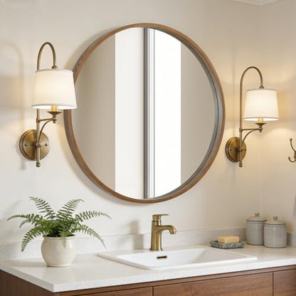WallBeyond Round Wood Mirror, 32" Round Modern Decoration Large Circle Wall Mirror for Bathroom Living Room Bedroom Entryway, Walnut
