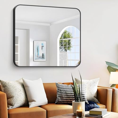Bathroom Mirror, 48 x 40 inch Black Rectangle Wall Mirror, Metal Frame Rectangular Vanity Mirror, Rounded Corner Wall Mounted Mirror for Modern Bedroom Living Room Hangs Horizontal/Vertical