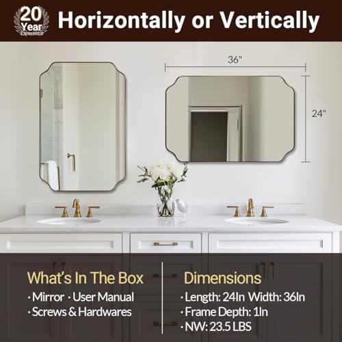 ANDY STAR 24"x36" Gold Mirror, Brushed Brass Scalloped Wall Mirror, Bathroom Mirror for Vanity, Wall Mirror with Aesthetic Scalloped Edge Design Ideal for Bathroom, Bedroom or Entryway