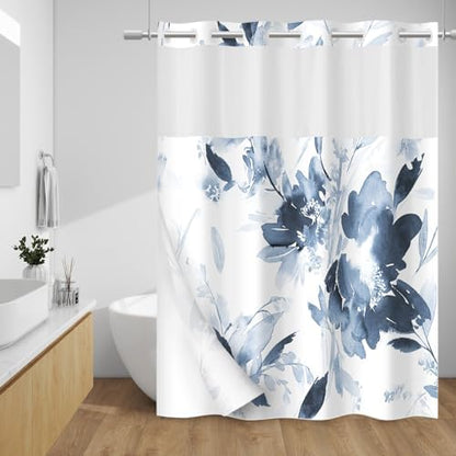 WITHLOC No Hook Floral Shower Curtain with Liner, Aqua Blue, 71x86