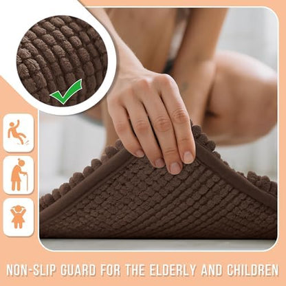 Yimobra Bathroom Rug Mat, Non Slip and Super Absorbent Bath Mat, Machine Washable Quick Dry, Ultra Plush Chenille Shower Rugs for Bathroom Floor Sink Tub and Shower Outside, Brown, 24 x 17