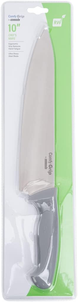 Restaurantware Comfy Grip 10 Inch Chef's Knife 1 Sharp Cooking Knife - Ergonomic Handle Non-Slip Grip Gray Stainless Steel Kitchen Knife Dishwashable Slice Dice Mince or Chop Ingredients