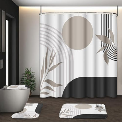 Bathroom Sets with Shower Curtain and Rugs, Boho, 4 Pcs Geometric