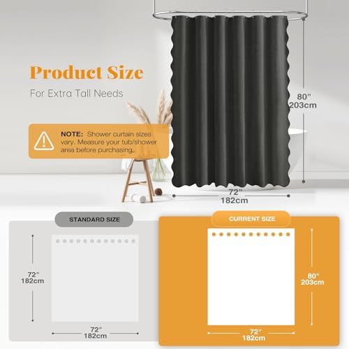 BTTN 72x80 Boho Scalloped Linen Textured Shower Curtain Set, Charcoal Grey