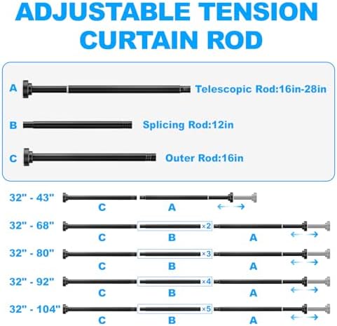 TEECK Shower Curtain Rod, 32-92 inch Adjustable Spring Tension Curtain Rod, Never Rust Anti-Slip Shower Curtain Rod for Bathroom, No Drilling, Never Collapse, Easy to Use, Black